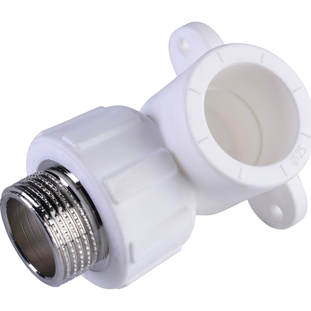 Угольник Политэк 25х3/4 с наружной резьбой с креплением для полипропиленовых труб под сварку (цвет белый), 9500082534