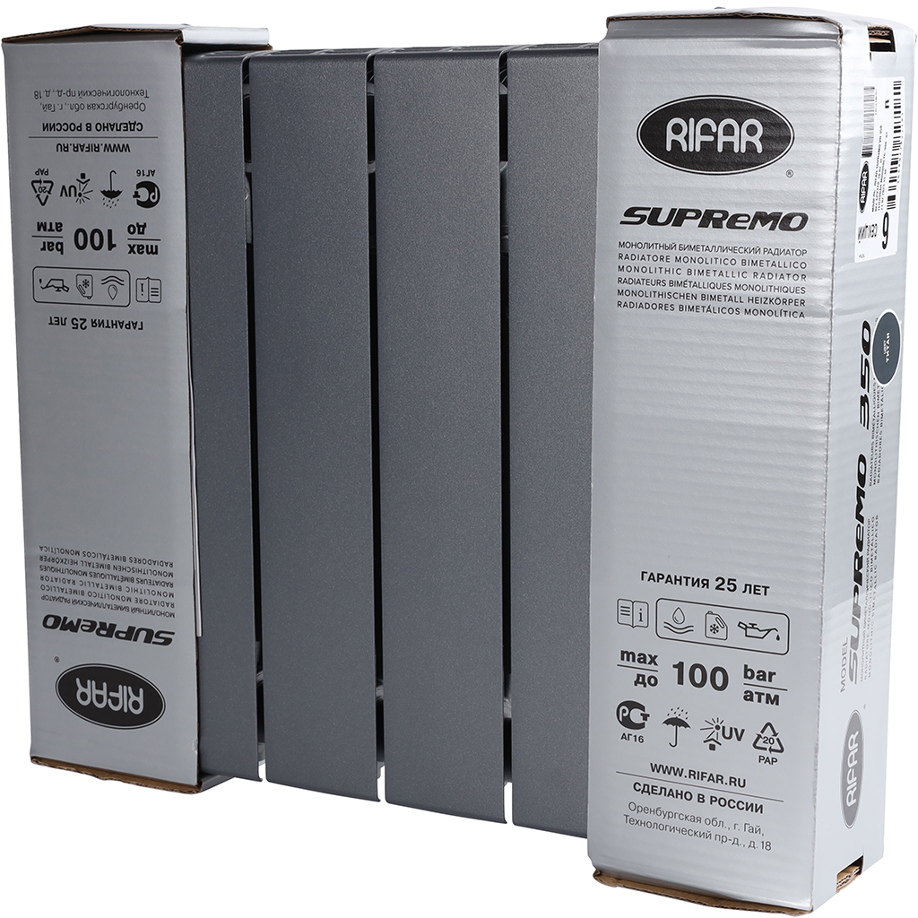 Радиатор биметаллический RIFAR SUPReMO VENTIL 350 SVR 6 секций нижнее правое подключение (Цвет ТИТАН), 4RS35.VR-6-TI