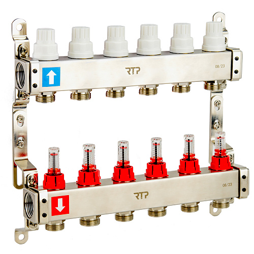Коллекторная группа с расходомером и кронштейном (евроконус 3/4) нержавеющая сталь SUS 304 1х 6 выходов, RTP