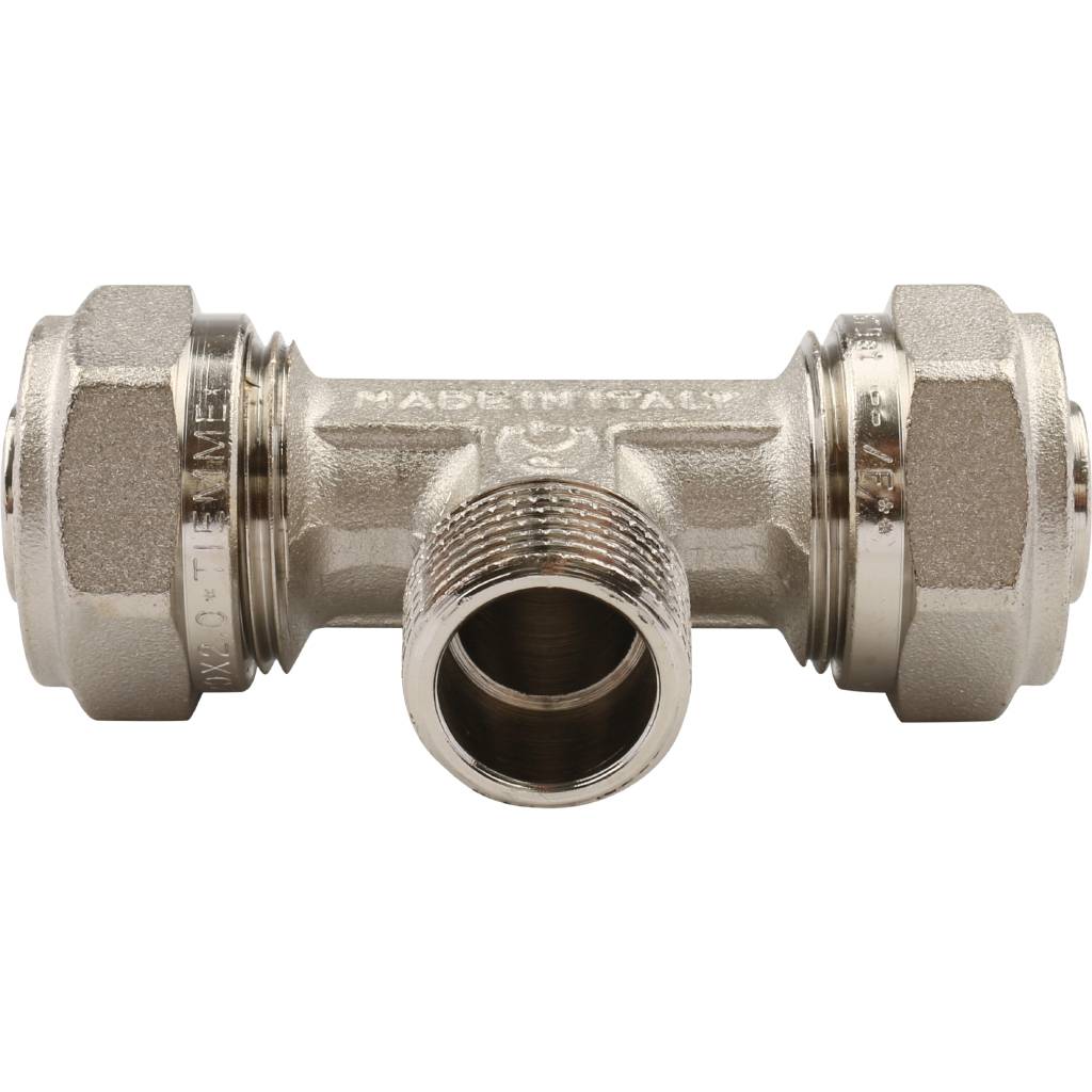 Тройник TIEMME с наружной резьбой (20х2.0х1/2) для металлопластиковых труб винтовой, 1600058