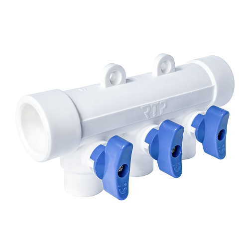 Коллектор с шаровым краном синий PPR 32х20/3,  белый, RTP