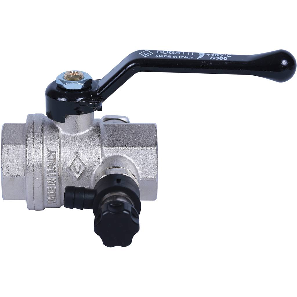 Кран шаровой BUGATTI Oregon с дренажем и воздухоотводчиком, (ручка-рычаг алюминий) внут-внут резьба 3/4