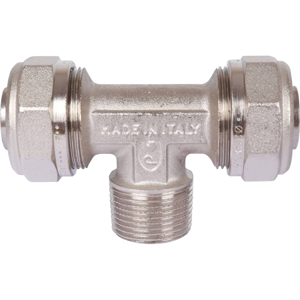 Тройник TIEMME с наружной резьбой (26х3.0х3/4) для металлопластиковых труб винтовой, 1600070