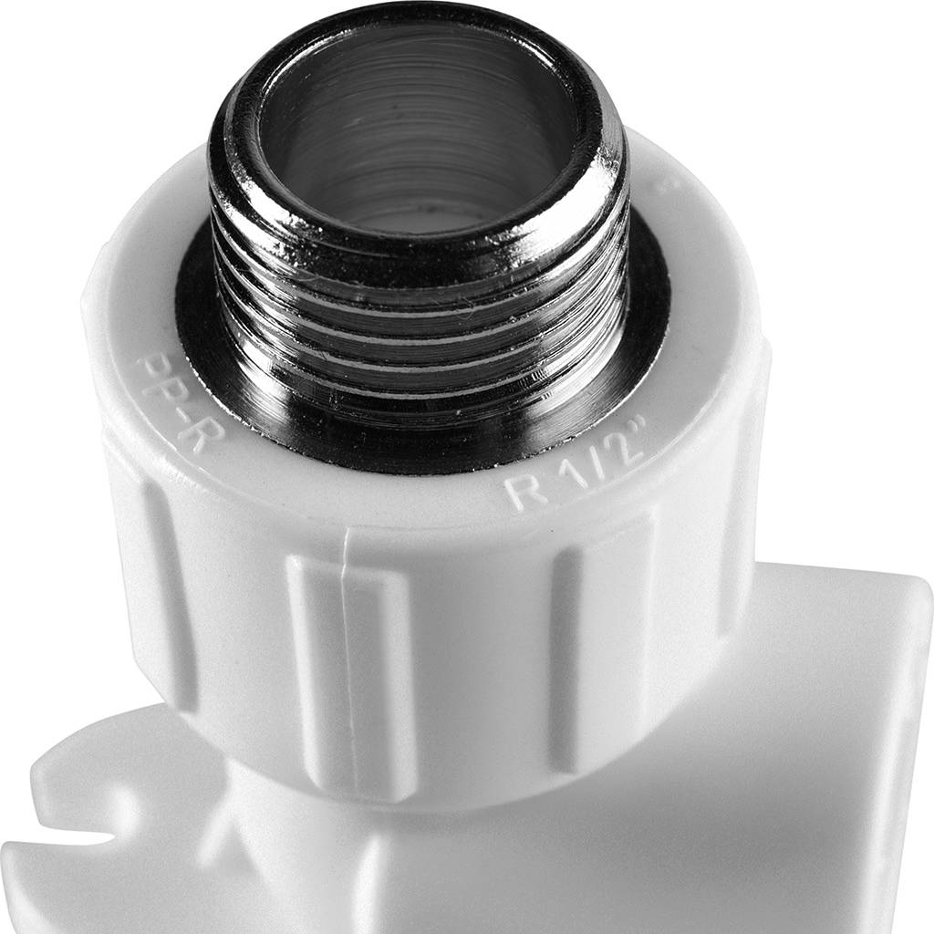 Угольник Политэк 20х1/2 с наружной резьбой с креплением для полипропиленовых труб под сварку (цвет белый), 9500082012