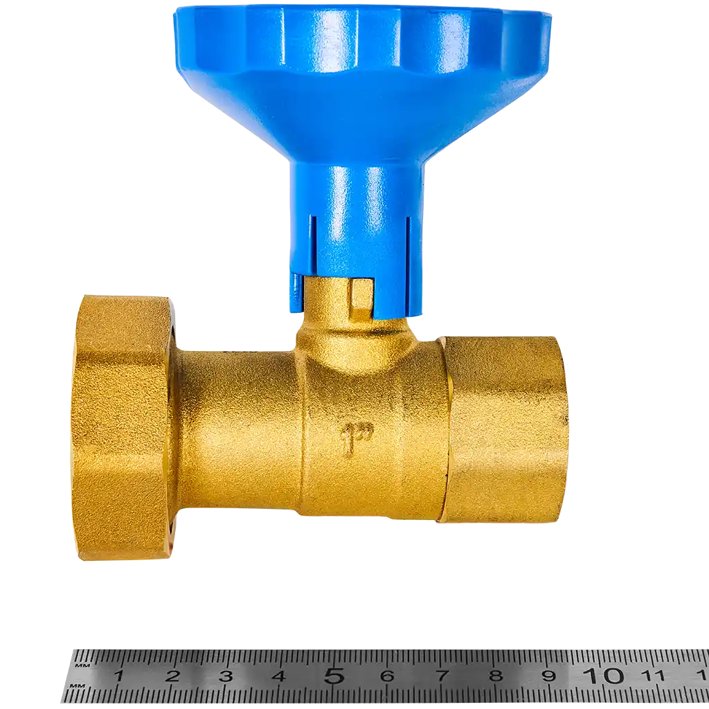 Клапан запорный латунный ROMMER ВР 1 с НГ для подключения насоса ВР 1 1/2 и обратным клапаном, синяя ручка RBV-0020-0101112