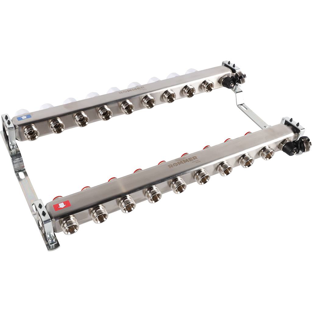 Коллектор из нержавеющей стали без расходомеров ROMMER, с клапаном вып. воздуха и сливом 9 выходов, RMS-3201-000009