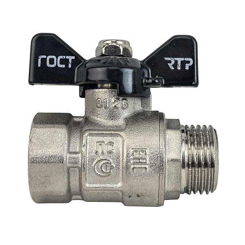 Кран шаровой ГОСТ ручка бабочка, латунь, внутренняя/наружная резьба 1,PN40 никель, RTP