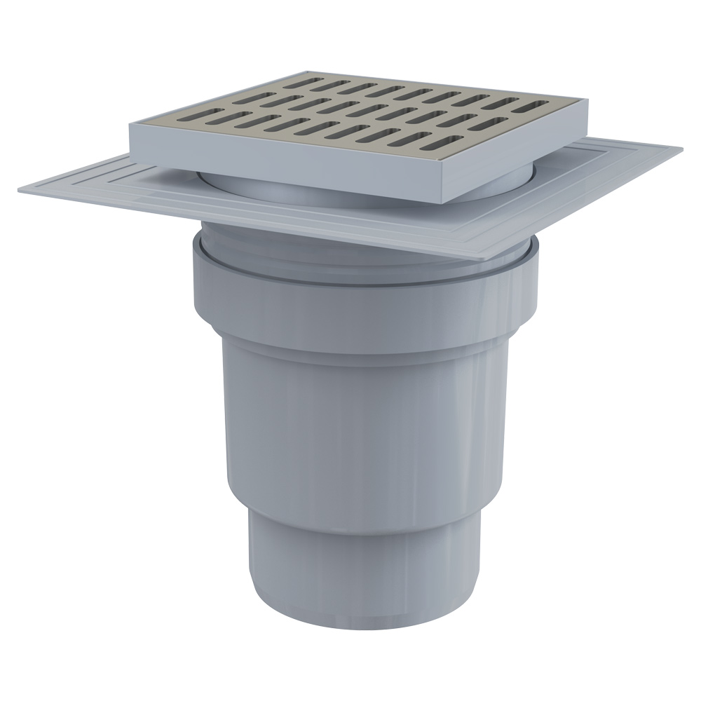 Сливной трап AlcaPlast 150x150/110 мм прямой сток, решетка из нержавеющей стали, воротник изоляции 2–го уровня, гидрозатвор мокрый, APV13