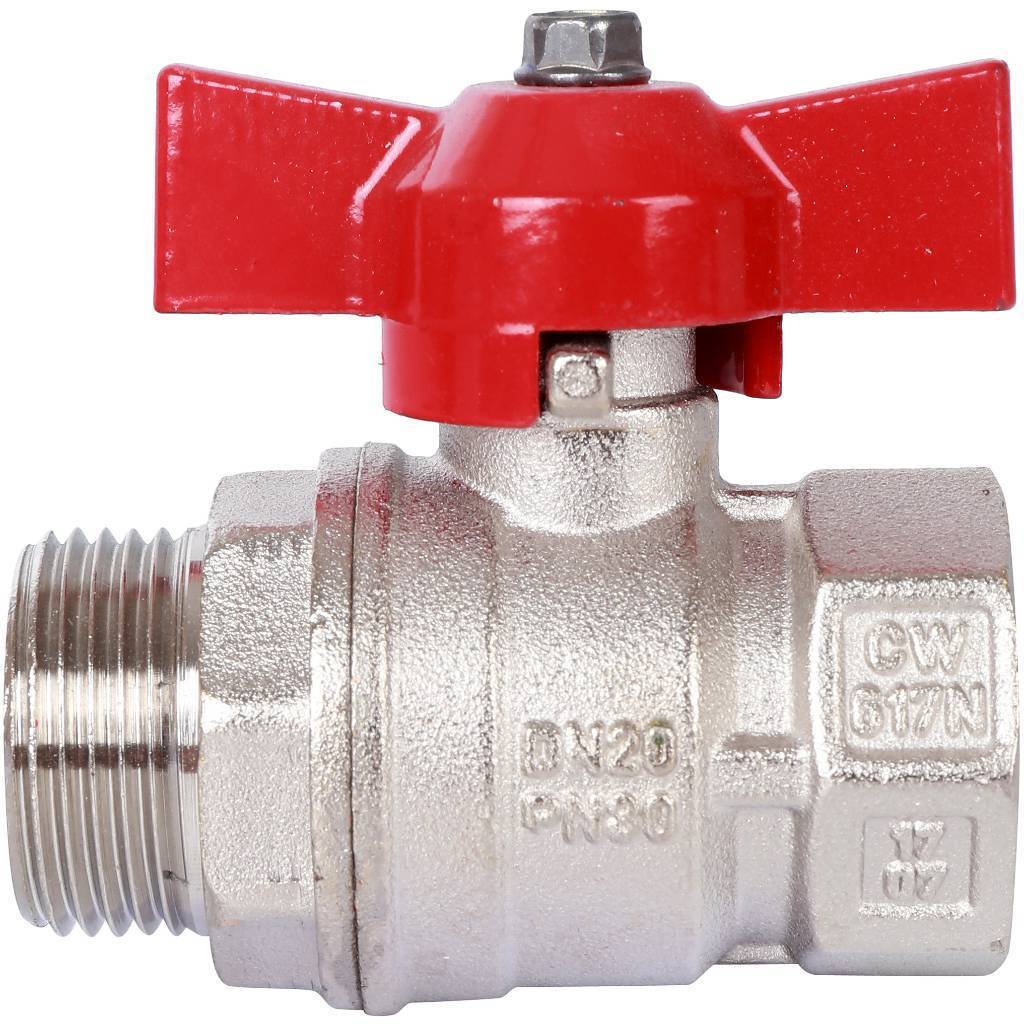 Кран шаровой стандартнопроходной STOUT ВР/НР, ручка бабочка 3/4 (красная ручка), SVB-1014-000020
