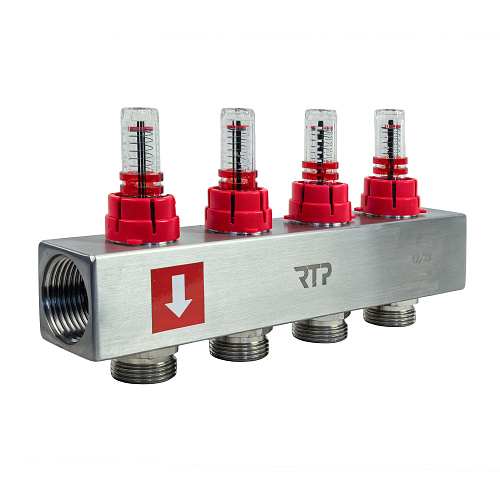 Коллекторная группа с расходомером и кронштейном (евроконус 3/4) нержавеющая сталь SUS 304 1х 4 выхода, RTP