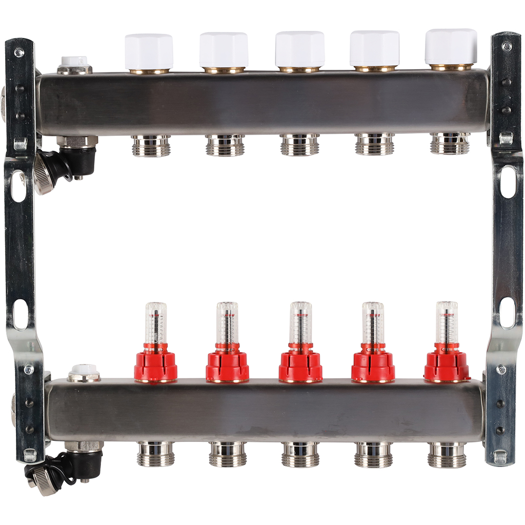Коллектор из нержавеющей стали с расходомерами ROMMER, с клапаном вып. воздуха и сливом 5 выходов, RMS-1201-000005