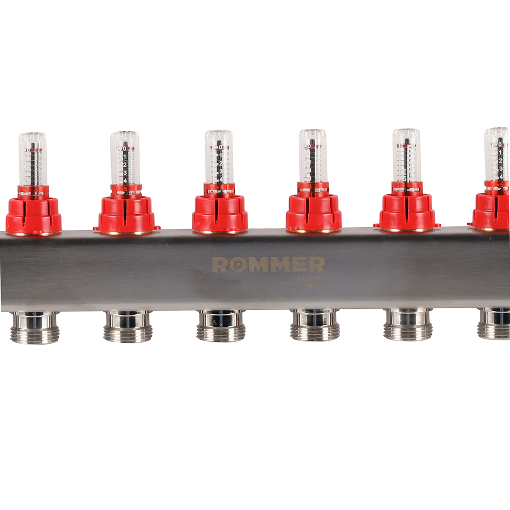 Коллектор из нержавеющей стали с расходомерами ROMMER, с клапаном вып. воздуха и сливом 11 выходов, RMS-1201-000011