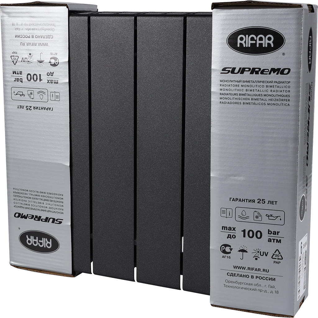 Радиатор биметаллический RIFAR SUPREMO VENTIL 350 SVR 6 секций нижнее правое подключение (Цвет АНТРАЦИТ), 4RS35.VR-6-AN