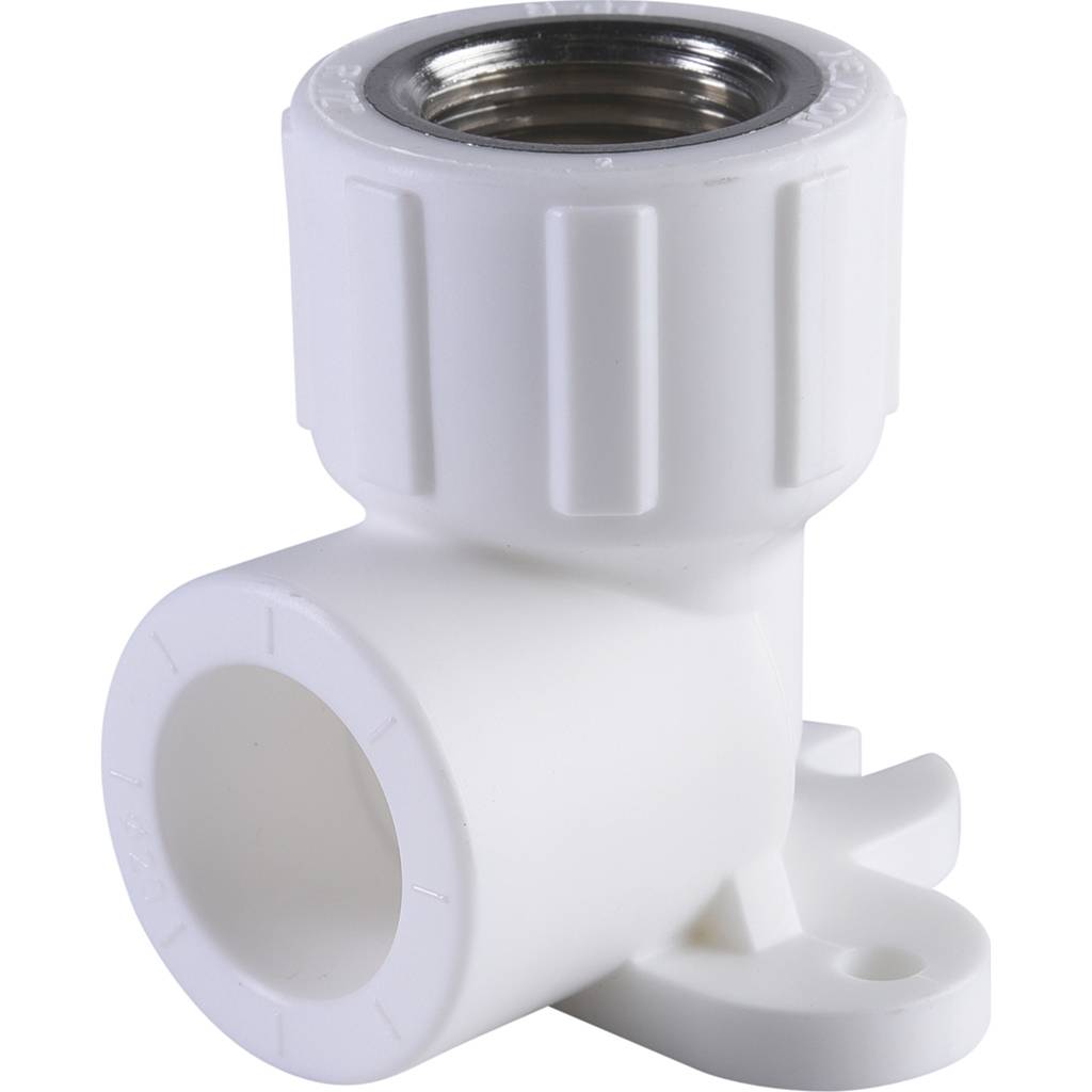 Угольник Политэк 20х1/2 с внутренней резьбой с креплением для полипропиленовых труб под сварку (цвет белый), 9400082012