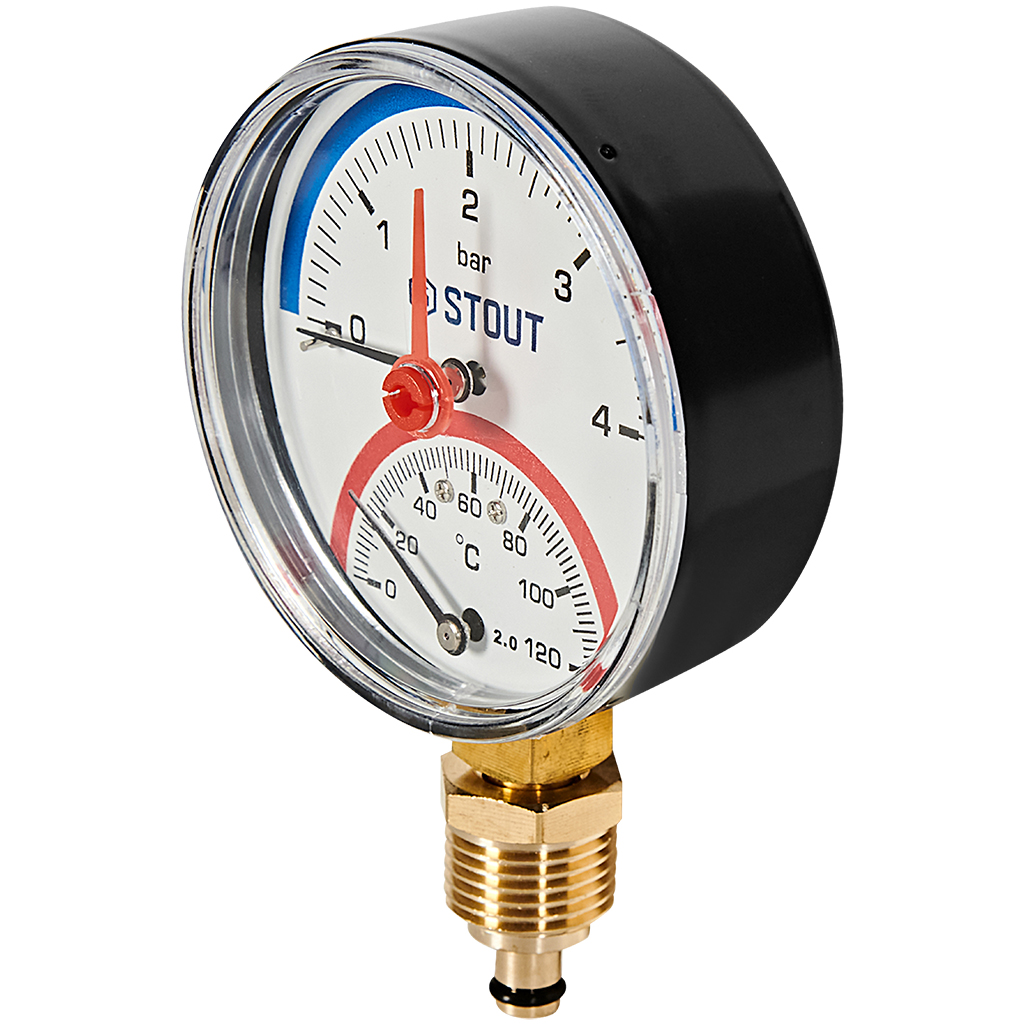 Термоманометр радиальный STOUT в комплекте с автоматическим запорным клапаном, корпус Dn 80 мм 1/2 , 0...120°C, 0-4 бар