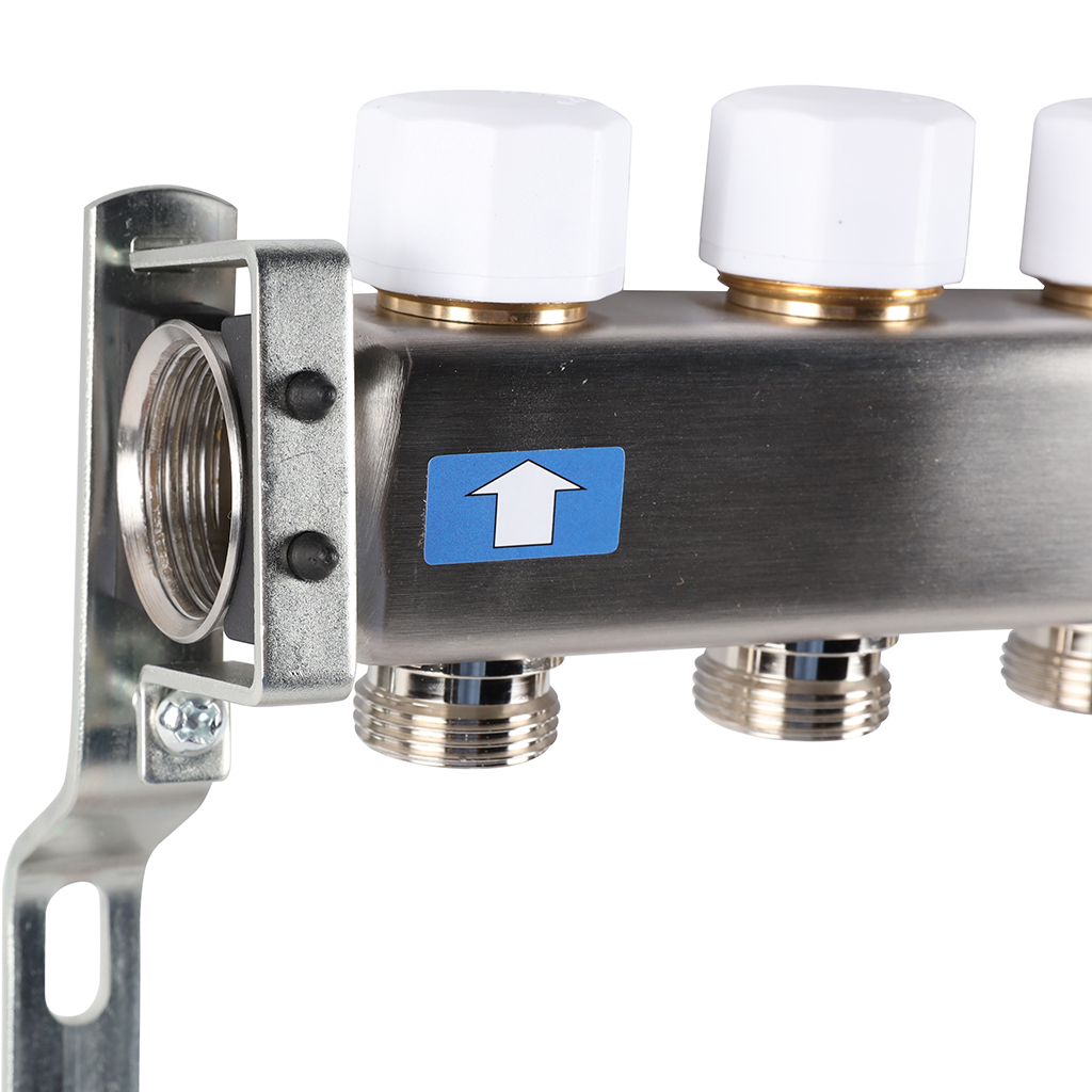 Коллектор из нержавеющей стали без расходомеров ROMMER, с клапаном вып. воздуха и сливом 7 выходов