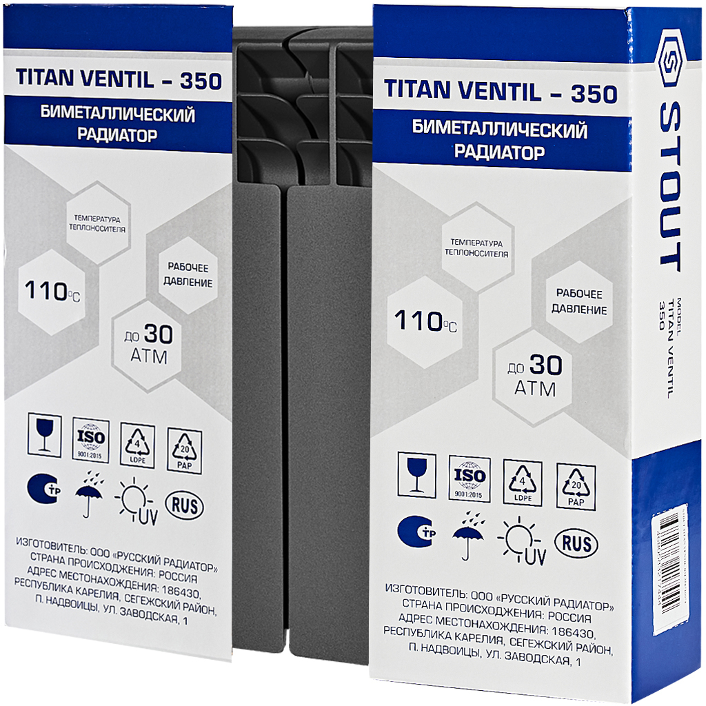 Радиатор биметаллический нижнее правое подключение STOUT TITAN VENTIL 350 6 секций (графит RAL 7024), SRB-3320-035006 7024