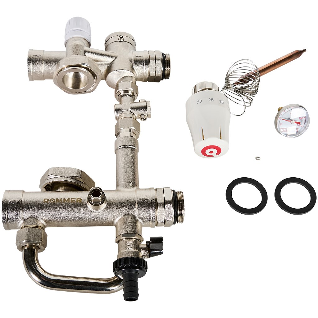 Насосно-смесительный узел ROMMER RDG-0120-008100 проходной с термоголовкой и перепускным клапаном, без насоса, RDG-0120-008100