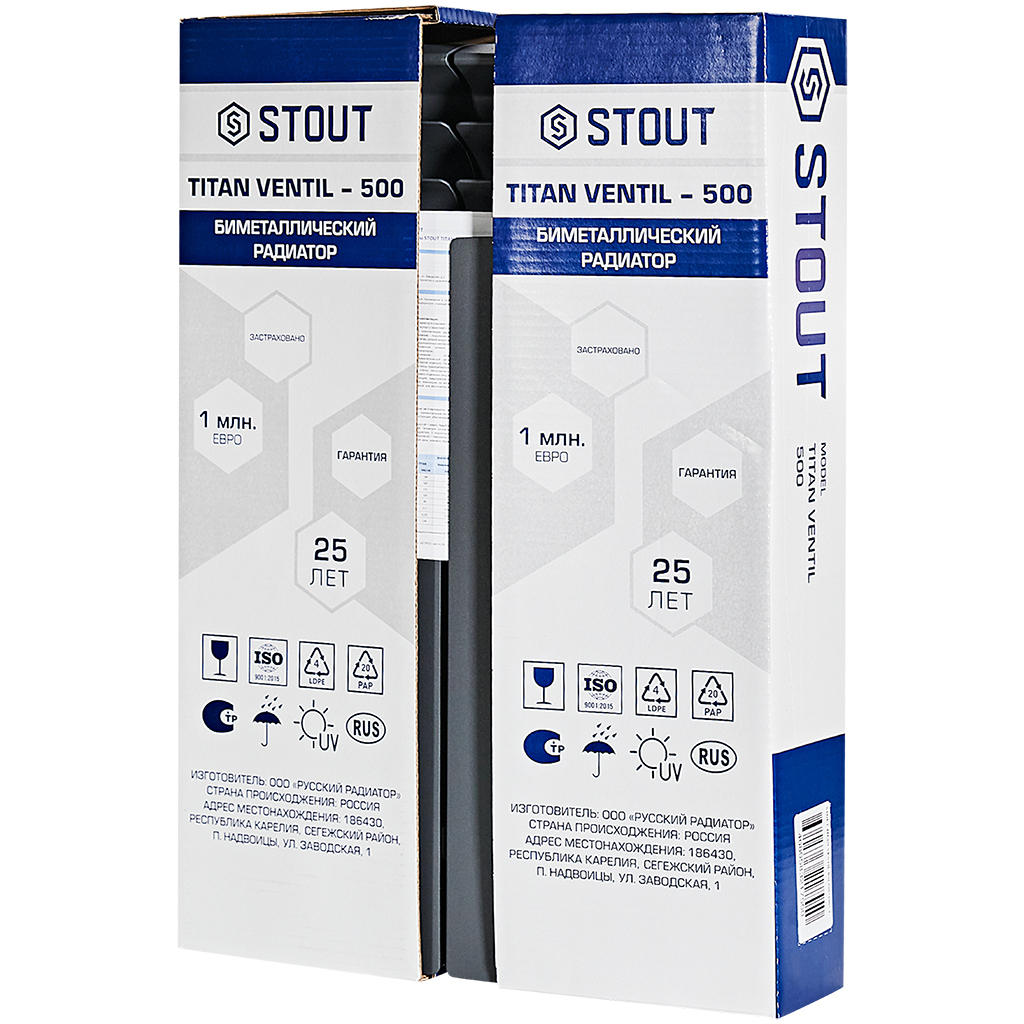 Радиатор биметаллический нижнее правое подключение STOUT TITAN VENTIL 500 4 секции (графит RAL 7024), SRB-3320-050004 7024