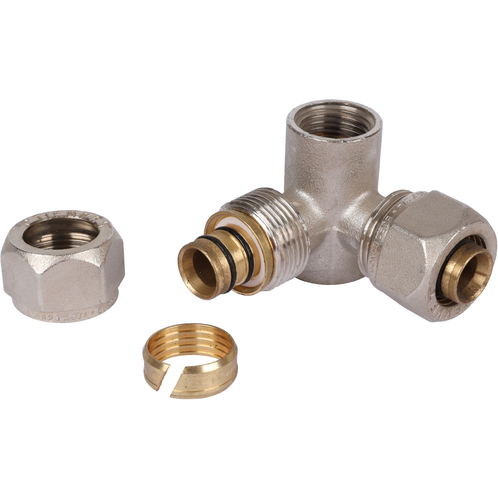 Тройник TIEMME с креплением, внутренняя резьба (20х2.0х1/2) для металлопластиковых труб винтовой, 1600106