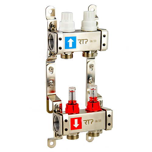 Коллекторная группа с расходомером и кронштейном (евроконус 3/4) нержавеющая сталь SUS 304 1х 2 выхода, RTP