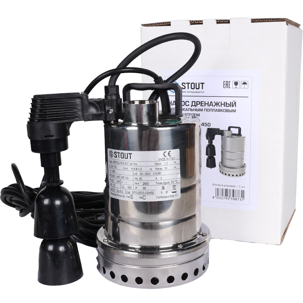 Насос дренажный STOUT с вертикальным поплавком, кабель 10 м, 230V, Q=175 л/мин, H=10 м, SPD-0003-200450