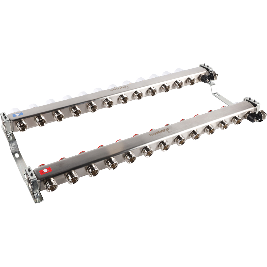 Коллектор из нержавеющей стали без расходомеров ROMMER, с клапаном вып. воздуха и сливом 12 выходов