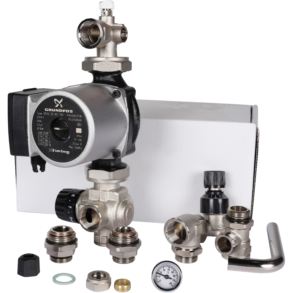 Насосно-смесительный узел STOUT SDG-0120 с термостатическим клапаном и байпасом, Grundfos UPSO 25-65 130, SDG-0120-002002