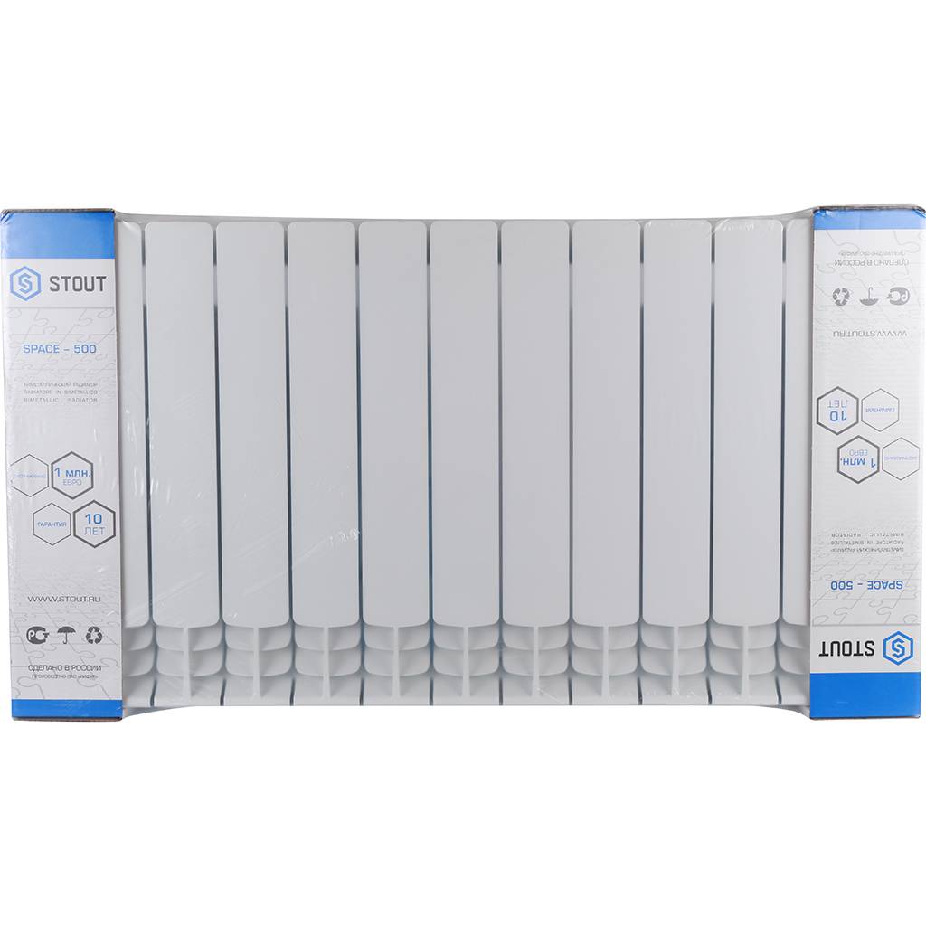 Радиатор биметаллический STOUT Space 500 13 секций боковое подключение RAL9016