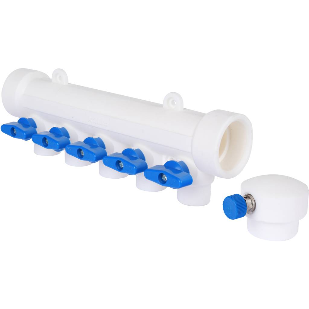 Коллектор с воздухоотводчиком и запорными кранами Kalde (5 выходов)