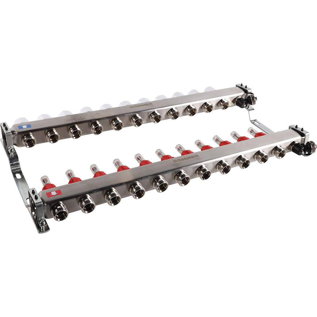 Коллектор из нержавеющей стали с расходомерами ROMMER, с клапаном вып. воздуха и сливом 11 выходов, RMS-1201-000011