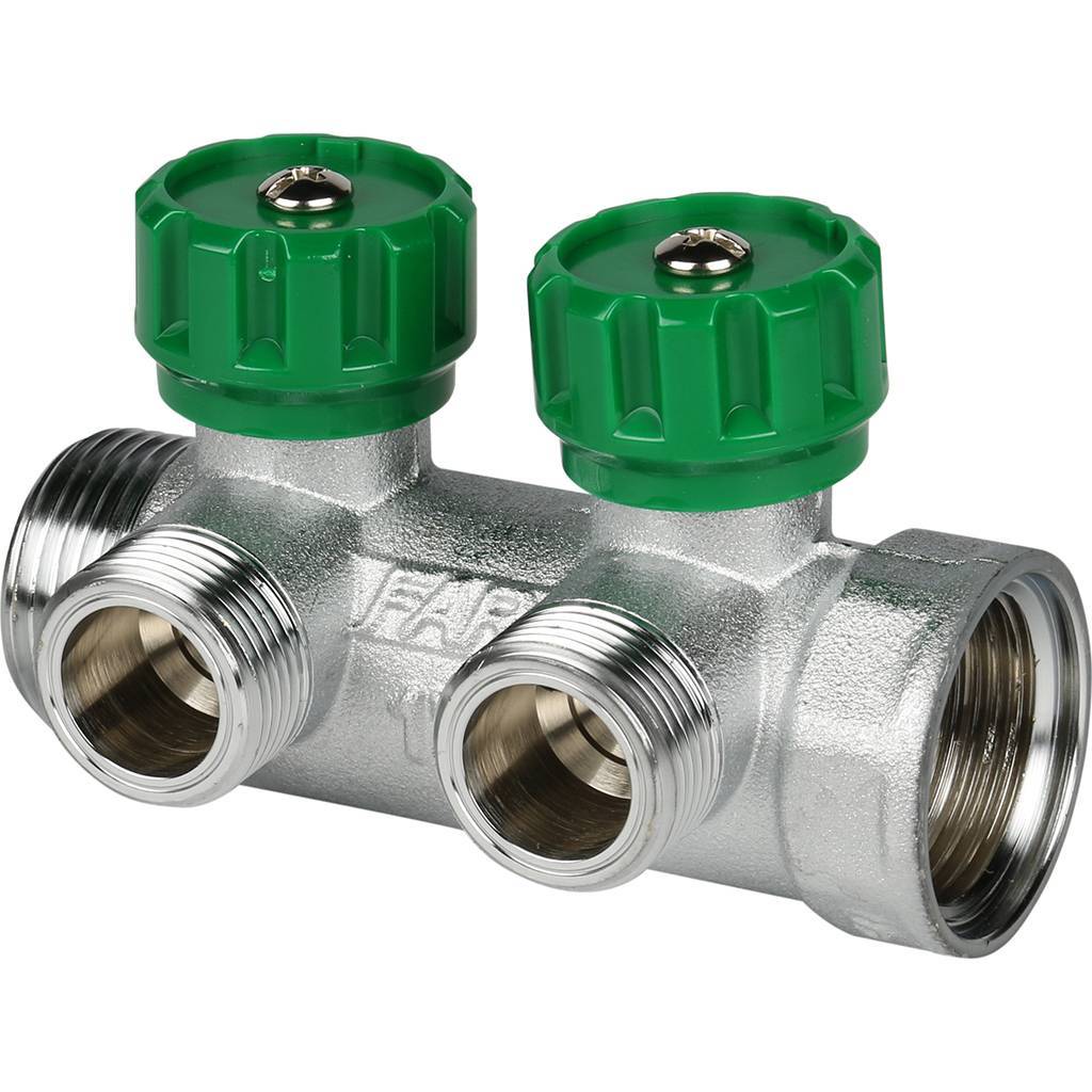 Коллектор распределительный FAR 1 , проходной, хромированный, 2 отвода 3/4  плоское уплотнение