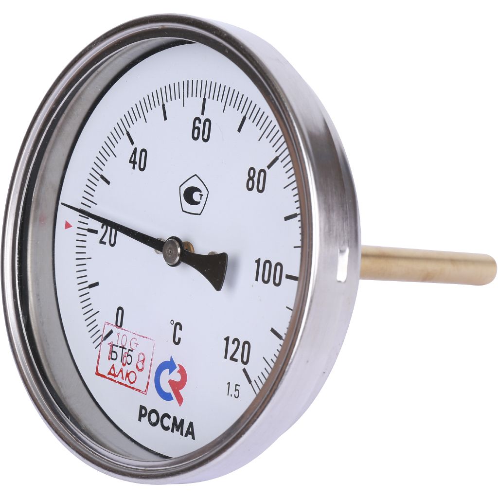 Термометр биметаллический РОСМА 100 мм c защитной гильзой 120 градусов 1/2 осевой шток 100х6 мм БТ-51.211