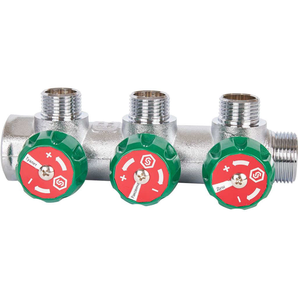 SMB-6850-341203 STOUT Коллектор регулирующий 3/4 , 3 отвода 1/2 под компрессионный фитинг для полимерных труб