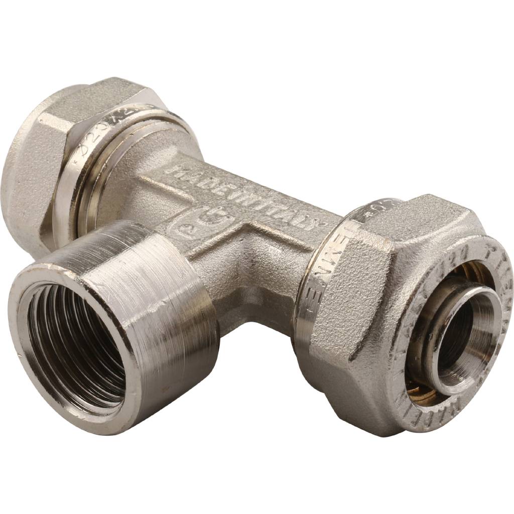 Тройник TIEMME с внутренней резьбой (20х2.0х1/2) для металлопластиковых труб винтовой, 1600049