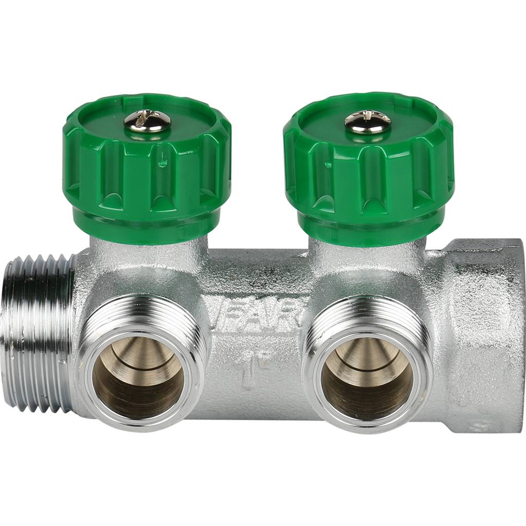 Коллектор распределительный FAR 1 , проходной, хромированный, 2 отвода 3/4  плоское уплотнение