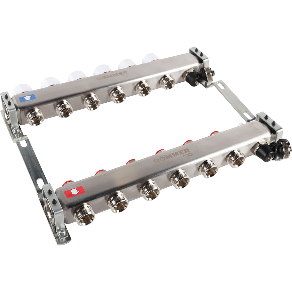 Коллектор из нержавеющей стали без расходомеров ROMMER, с клапаном вып. воздуха и сливом 6 выходов, RMS-3201-000006