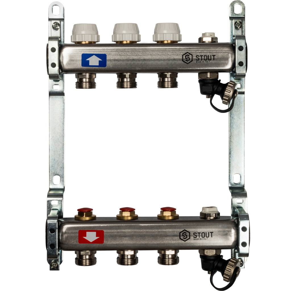 Коллектор из нержавеющей стали без расходомеров, с клапаном вып. воздуха и сливом STOUT 3 выхода