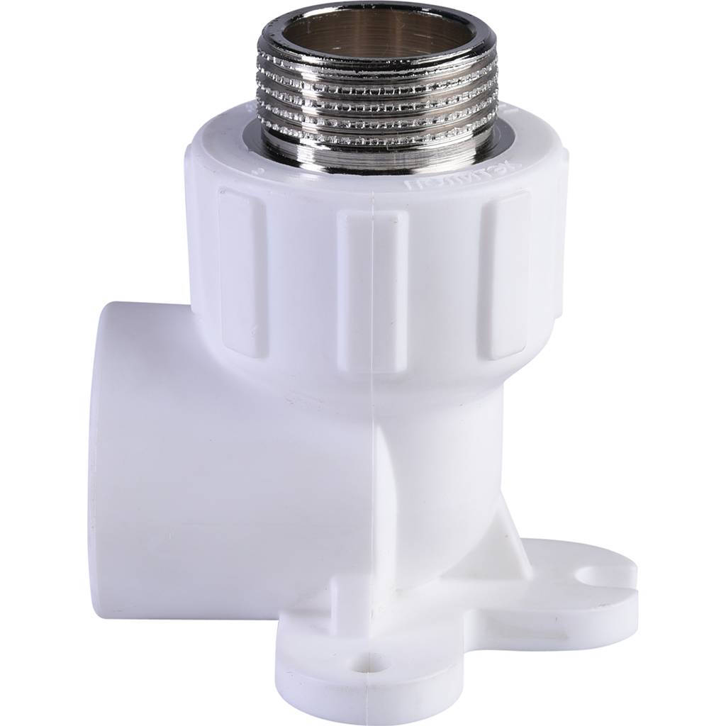 Угольник Политэк 25х3/4 с наружной резьбой с креплением для полипропиленовых труб под сварку (цвет белый), 9500082534