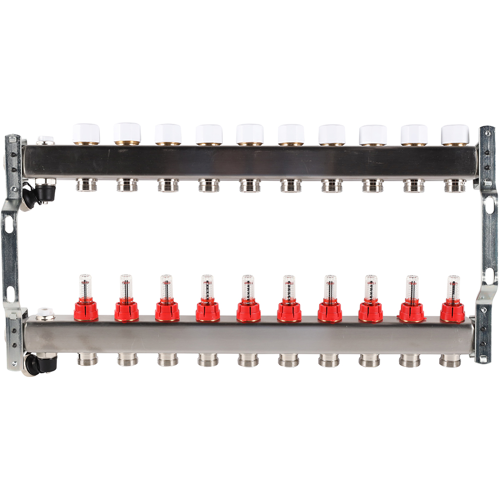 Коллектор из нержавеющей стали с расходомерами ROMMER, с клапаном вып. воздуха и сливом 10 выходов, RMS-1201-000010