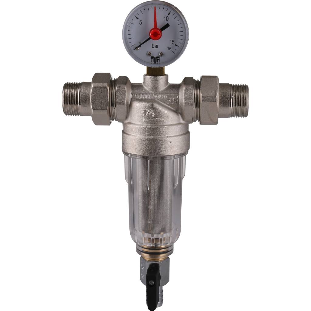 Фильтр с манометром TIEMME 3/4 со сгонами, с прозрачной пластиковой колбой, промывной, 3130006