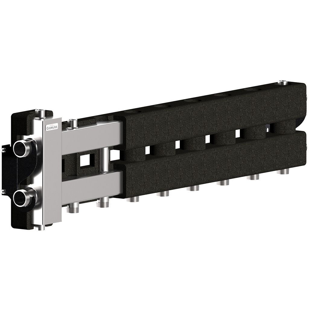 Балансировочный коллектор GIDRUSS BMSS-80-4D.EPP (до 80 кВт, подкл. котла G 1, 3 контура G 1, боковой контур G 1, зеркально-матовая полировка, 4D-кронштейны K.UMS, EPP-термоизоляция)
