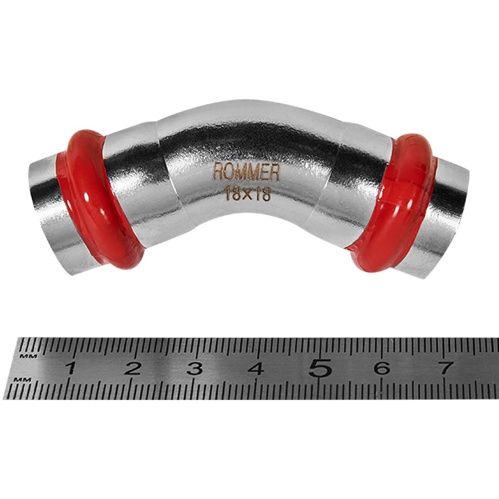 Угольник ROMMER 45° ВПр-ВПр, 18, из нержавеющей стали прессовой, RSS-1005-000018