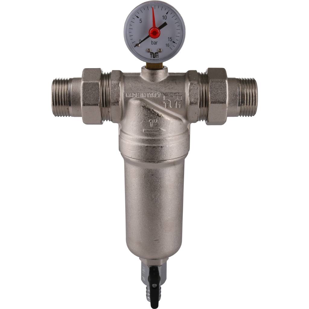 Фильтр с манометром TIEMME 1 со сгонами, с латунной колбой, промывной, 3130004