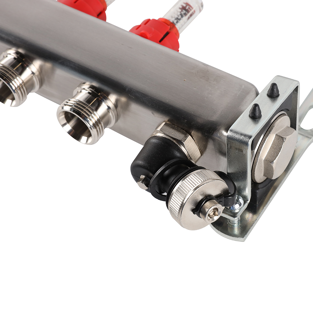 Коллектор из нержавеющей стали с расходомерами ROMMER, с клапаном вып. воздуха и сливом 8 выходов, RMS-1201-000008