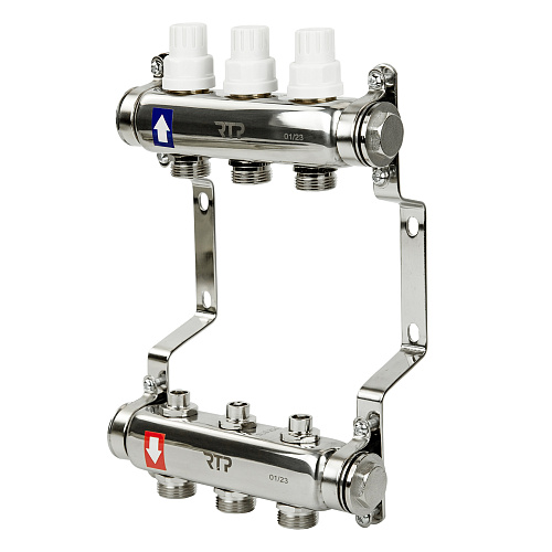 Коллекторная группа с ручными регулирующими клапанами и кронштейном (евроконус 3/4) нержавеющая сталь SUS 304 1х3 выхода, RTP