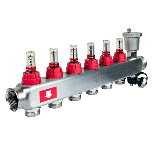 Коллекторная группа с регулирующими клапанами, расходомерами, воздухоотводчиками, обратными и дренажными клапанами, кронштейном (евроконус 3/4) нержавеющая сталь SUS 304 1х 6 выходов, RTP