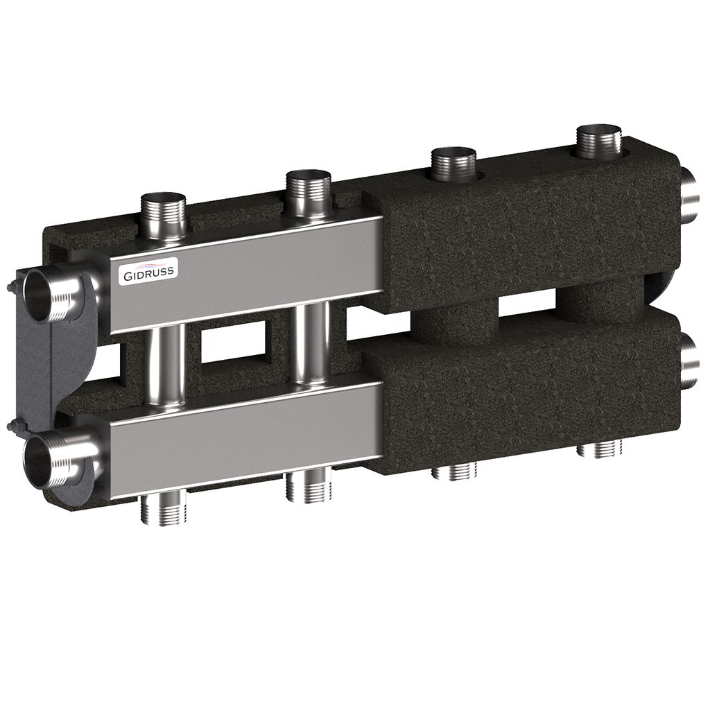 Модульный коллектор GIDRUSS MKSS-100-4DU.EPP (до 100 кВт, 2 магистрали G 1, 2+2 контура G 1, EPP-термоизоляция, 4D-кронштейны K.UMS)