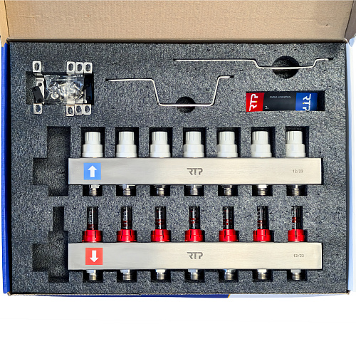 Коллекторная группа с расходомером и кронштейном (евроконус 3/4) нержавеющая сталь SUS 304 1х 7 выходов, RTP