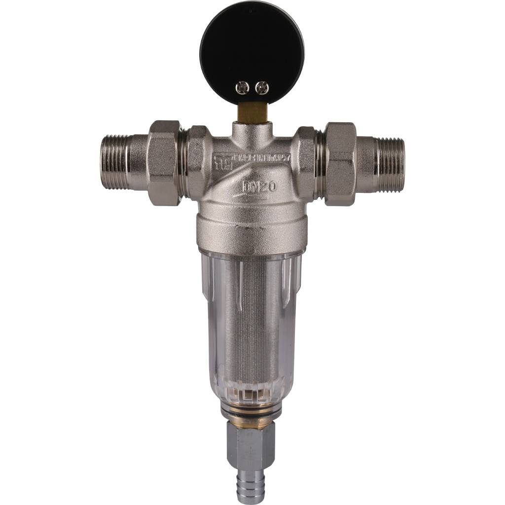 Фильтр с манометром TIEMME 3/4 со сгонами, с прозрачной пластиковой колбой, промывной, 3130006